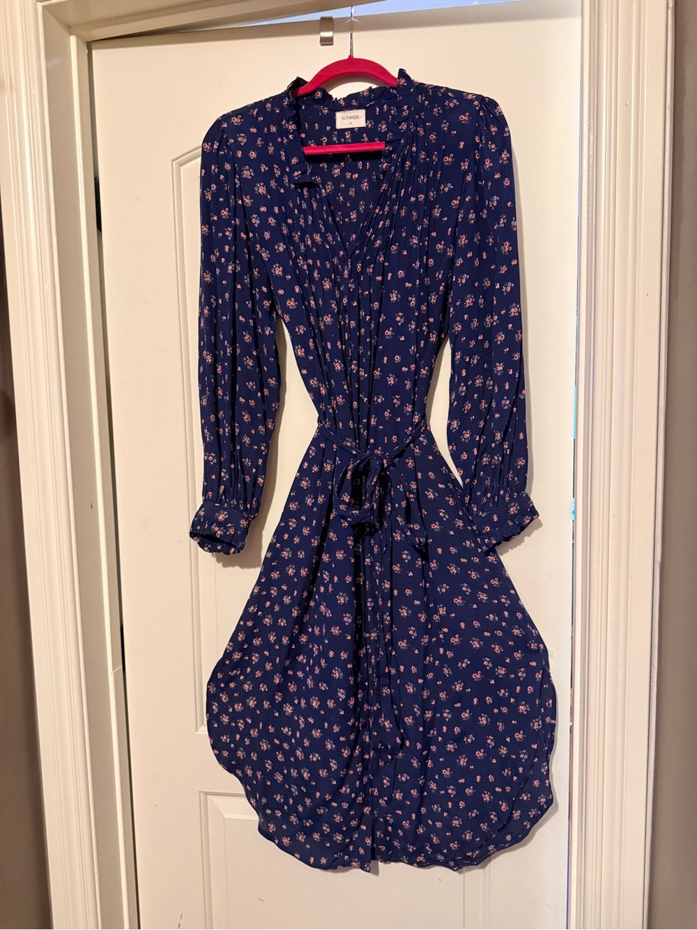 Smocked Waist Navy Floral Long-Sleeve Midi Dress